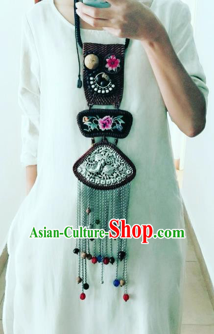 China National Colorful Beads Tassel Necklet Traditional Miao Ethnic Handmade Embroidered Silver Carving Jewelry Accessories