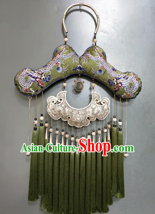 China Traditional Miao Ethnic Embroidered Pendant Accessories Handmade Silver Carving Dragons Jewelry National Green Tassel Necklet