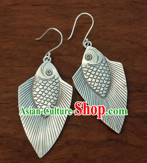 China Traditional Miao Ethnic Ear Accessories Handmade Women Jewelry National Silver Carving Fish Earrings