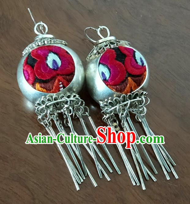 Handmade China National Silver Earrings Traditional Ethnic Women Jewelry Embroidered Ear Accessories