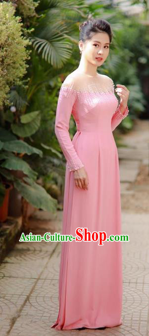 Asian Vietnam Classical Beads Ao Dai Qipao Traditional Vietnamese Costumes Pink Cheongsam Dress and Pants for Women