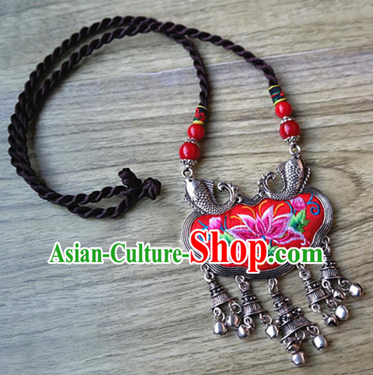 Handmade China National Silver Fish Jewelry Accessories Ethnic Embroidered Lotus Necklace Longevity Lock