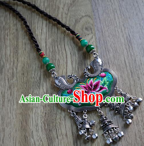 Handmade China Longevity Lock National Silver Fish Jewelry Accessories Ethnic Embroidered Lotus Green Silk Necklace