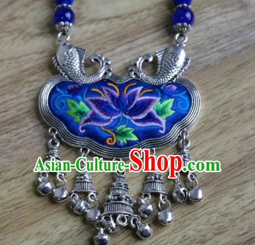 Handmade China National Silver Longevity Lock Ethnic Jewelry Accessories Embroidered Lotus Royalblue Silk Necklace