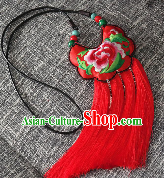 Handmade China National Red Tassel Longevity Lock Ethnic Accessories Embroidered Peony Necklace