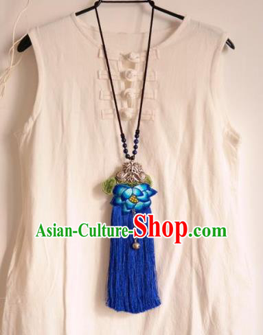 Handmade China Ethnic Royalblue Tassel Accessories Embroidered Lotus Necklace National Silver Butterfly Longevity Lock