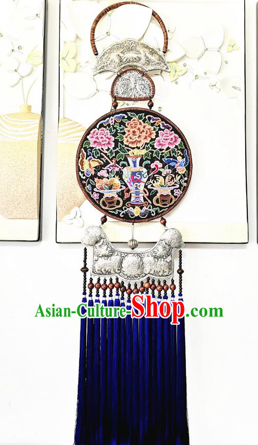 China Miao Ethnic Silver Carving Royalblue Tassel Pendant National Embroidered Accessories