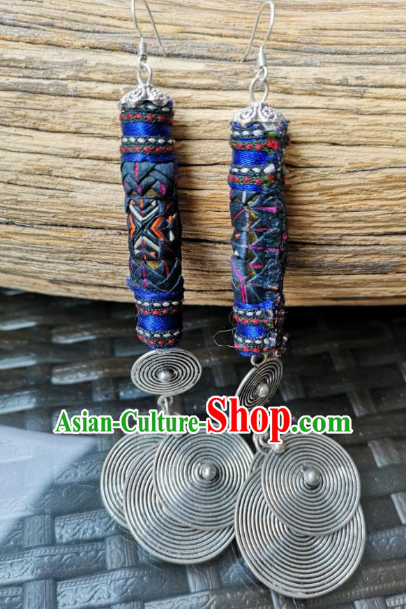 China National Embroidered Deep Blue Earrings Women Jewelry Miao Ethnic Silver Ear Accessories