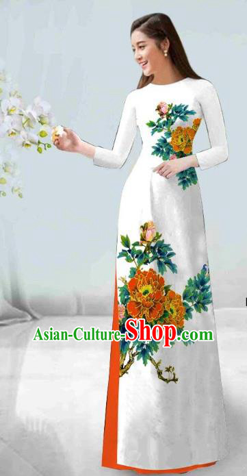 Asian Vietnam Classical Orange Peony Pattern Ao Dai Qipao Traditional Vietnamese Costumes Cheongsam Dress and Loose Pants for Women