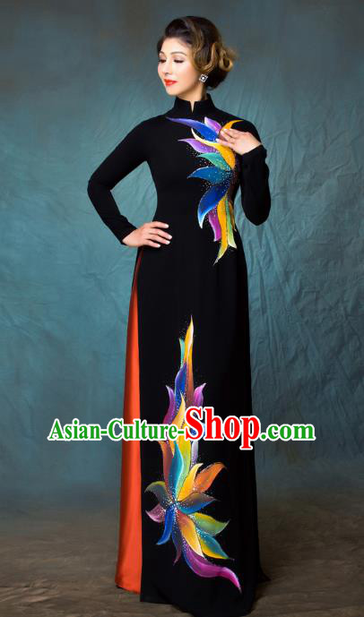 Asian Vietnam Classical Fireworks Pattern Ao Dai Qipao Traditional Vietnamese Costumes Black Cheongsam Dress and Loose Pants for Women