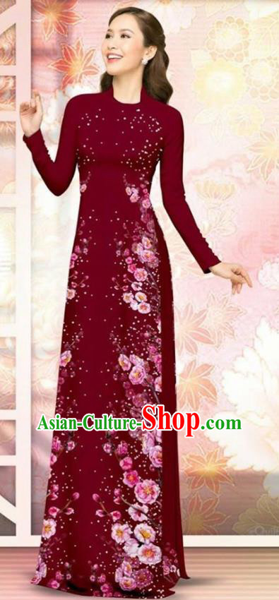 Asian Vietnam Dark Red Cheongsam Dress and Pants Traditional Vietnamese Costumes Classical Plum Blossom Pattern Ao Dai Qipao for Women