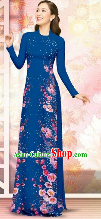 Asian Vietnam Navy Blue Cheongsam Dress and Pants Traditional Vietnamese Costumes Classical Plum Blossom Pattern Ao Dai Qipao for Women