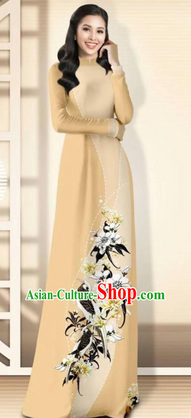 Asian Vietnam Beige Cheongsam Dress and Pants Traditional Vietnamese Costumes Classical Flowers Bird Pattern Ao Dai Qipao for Women