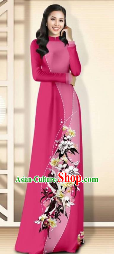 Asian Vietnam Rosy Cheongsam Dress and Pants Traditional Vietnamese Costumes Classical Flowers Bird Pattern Ao Dai Qipao for Women