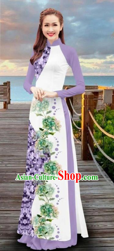 Asian Vietnam Printing Flowers Cheongsam Dress and Pants Traditional Vietnamese Costumes Classical Lilac Ao Dai Qipao for Women