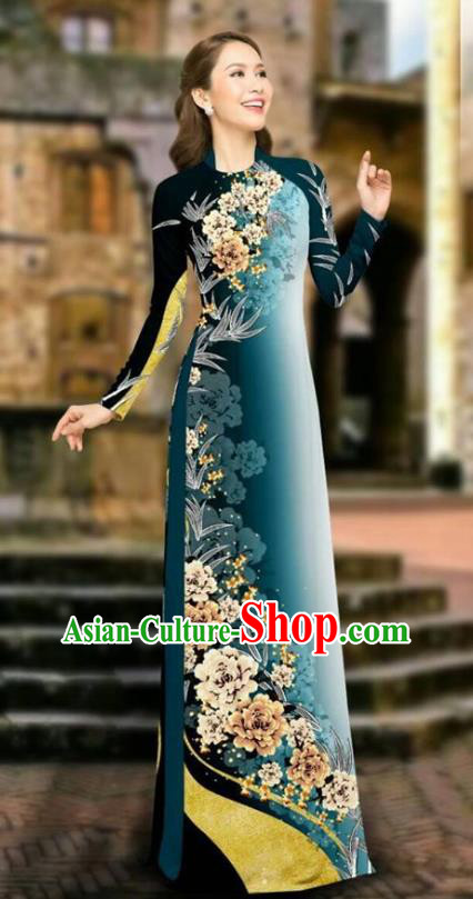 Asian Vietnam Cheongsam Dress and Pants Traditional Vietnamese Costumes Classical Printing Peony Atrovirens Ao Dai Qipao for Women