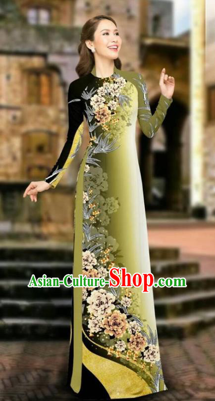 Asian Vietnam Cheongsam Dress and Pants Traditional Vietnamese Costumes Classical Printing Peony Green Ao Dai Qipao for Women