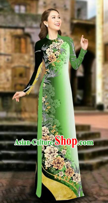 Asian Vietnam Cheongsam Dress and Pants Traditional Vietnamese Costumes Classical Printing Peony Olive Green Ao Dai Qipao for Women