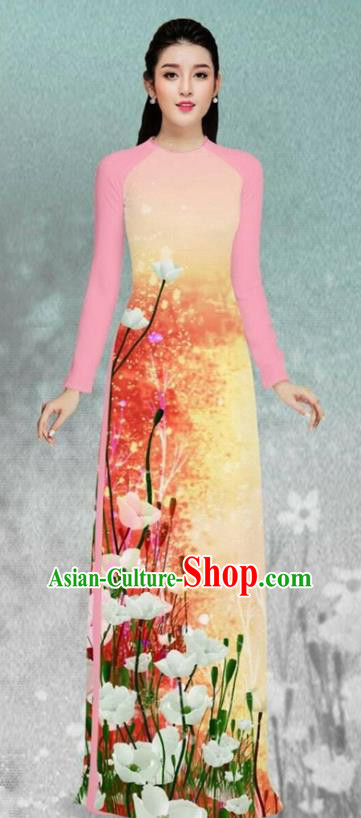 Asian Vietnam Printing Flowers Pink Cheongsam and Pants Traditional Vietnamese Costumes Classical Female Ao Dai Qipao Dress