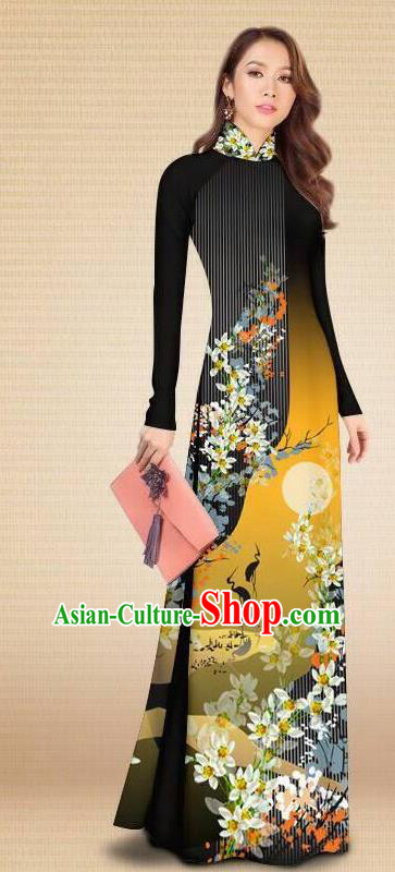 Asian Vietnam Classical Printing Crane Flowers Black Cheongsam Traditional Vietnamese Costumes Women Ao Dai Qipao Dress and Pants