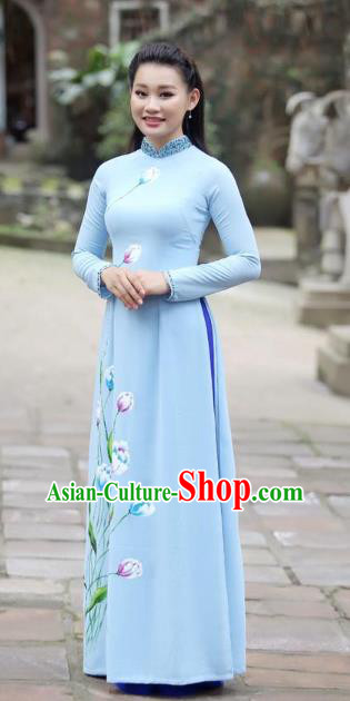 Asian Vietnam Classical Hand Painting Tulip Cheongsam Traditional Vietnamese Costumes Women Blue Ao Dai Qipao Dress and Pants