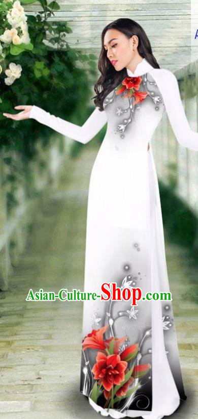 Asian Vietnam Classical Cheongsam Traditional Vietnamese Costumes Women Printing White Ao Dai Qipao Dress and Pants