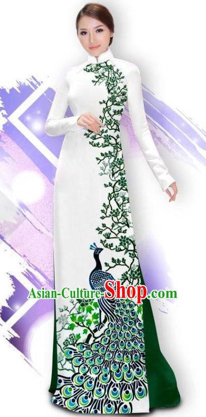 Asian Vietnam Female Classical Cheongsam Traditional Vietnamese Costumes Printing Peacock Ao Dai Qipao Dress and Green Pants