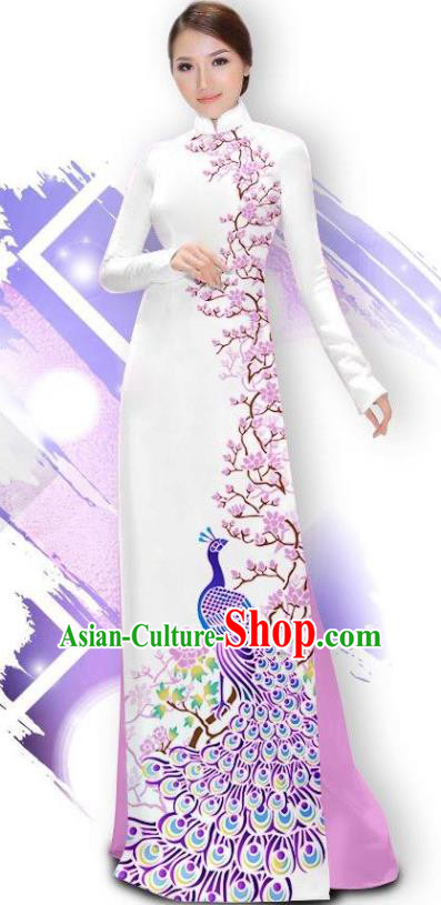 Asian Vietnam Female Classical Cheongsam Traditional Vietnamese Costumes Printing Peacock Ao Dai Qipao Dress and Lilac Pants