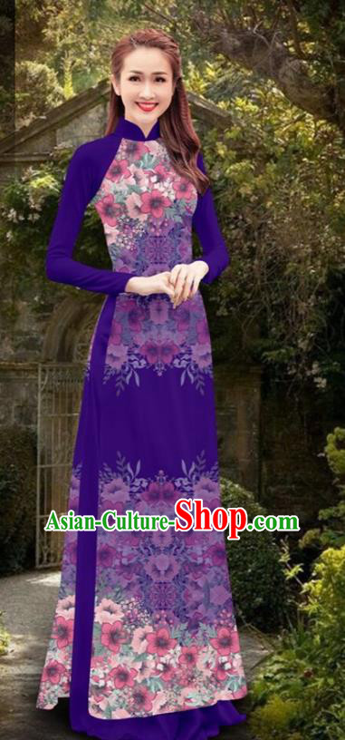 Asian Vietnam Women Cheongsam Costumes Traditional Vietnamese Classical Printing Flowers Purple Ao Dai Qipao Dress and Loose Pants