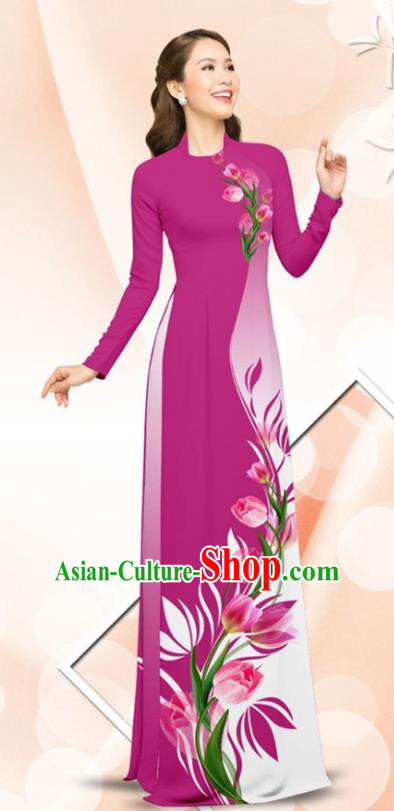 Asian Traditional Vietnamese Classical Printing Tulip Rosy Ao Dai Qipao Dress and Loose Pants Vietnam Women Cheongsam Costumes