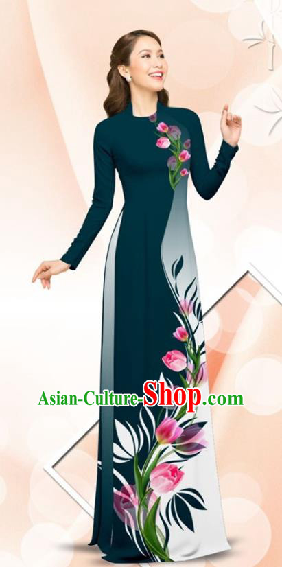 Asian Traditional Vietnamese Classical Printing Tulip Navy Ao Dai Qipao Dress and Loose Pants Vietnam Women Cheongsam Costumes