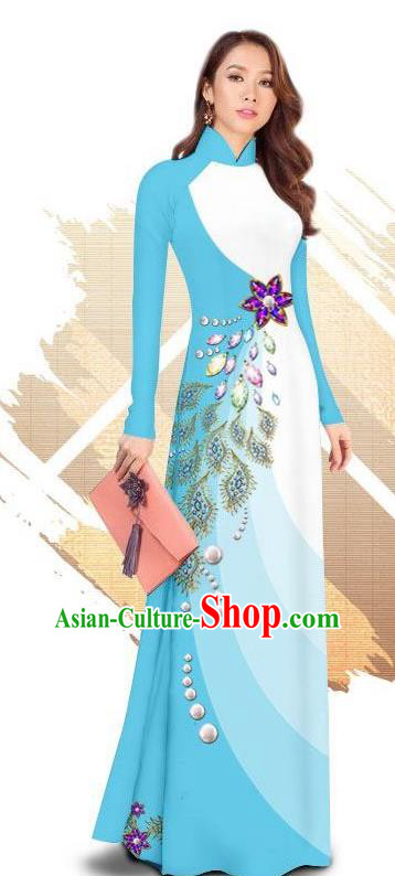 Traditional Vietnamese Classical Light Blue Ao Dai Qipao Dress and Loose Pants Asian Vietnam Women Cheongsam Costumes