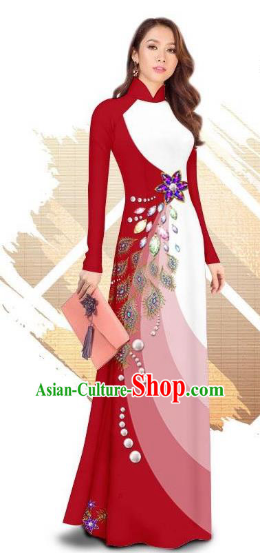 Traditional Vietnamese Classical Red Ao Dai Qipao Dress and Loose Pants Asian Vietnam Women Cheongsam Costumes