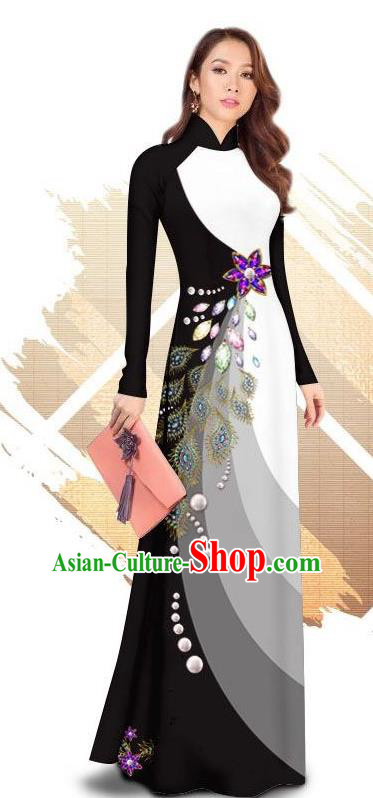 Traditional Vietnamese Classical Black Ao Dai Qipao Dress and Loose Pants Asian Vietnam Women Cheongsam Costumes