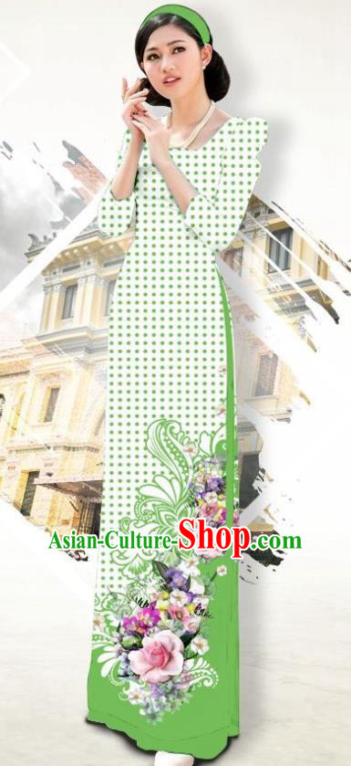 Traditional Vietnamese Civilian Female Ao Dai Qipao Dress and Green Pants Asian Vietnam Cheongsam Classical Costumes