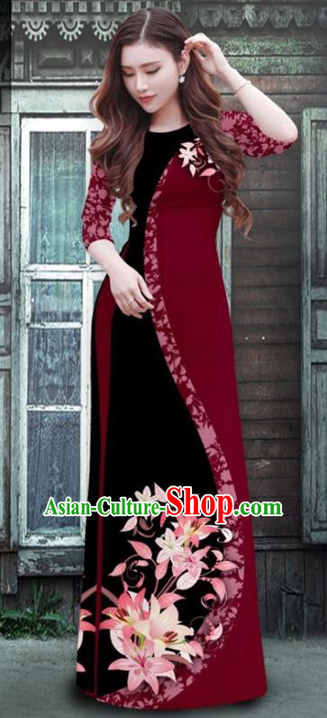 Traditional Vietnamese Printing Wine Red Ao Dai Qipao Dress and Pants Asian Vietnam Cheongsam Classical Costumes