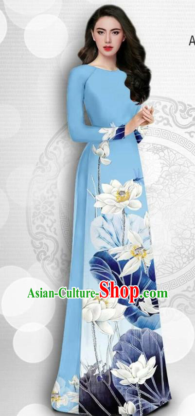 Asian Vietnam Court Female Classical Cheongsam Traditional Vietnamese Costumes Printing Lotus Light Blue Ao Dai Qipao Dress and Loose Pants