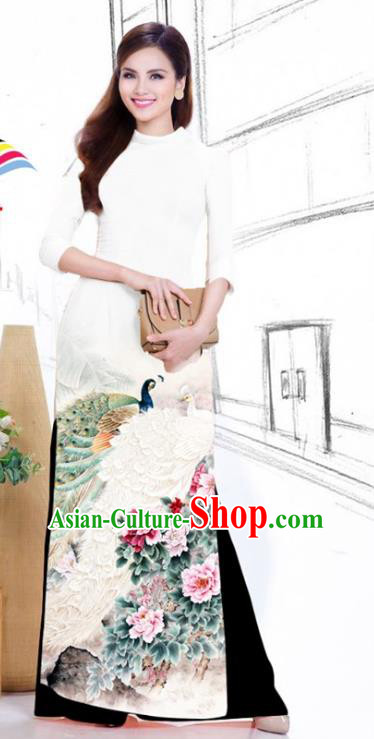 Traditional Vietnamese Printing Peacock Peony White Ao Dai Qipao Dress and Pants Asian Vietnam Classical Cheongsam Women Costumes