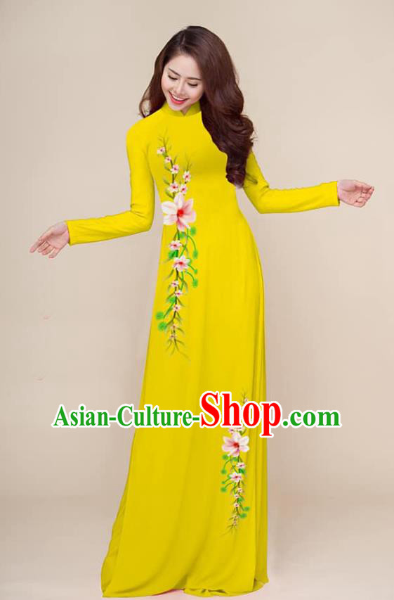 Traditional Vietnamese Hand Painting Yellow Ao Dai Qipao Dress and Pants Asian Vietnam Classical Cheongsam Female Costumes