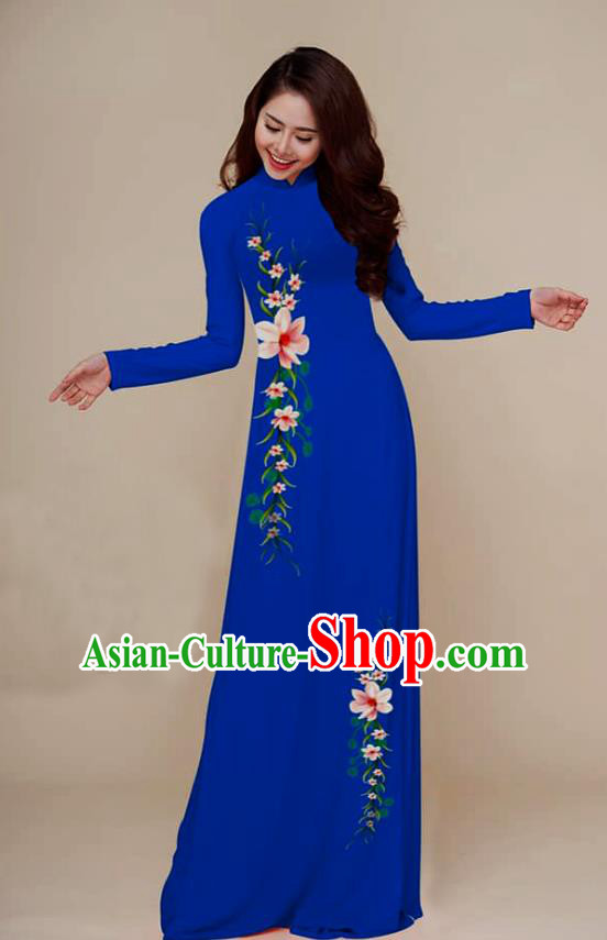 Traditional Vietnamese Hand Painting Royalblue Ao Dai Qipao Dress and Pants Asian Vietnam Classical Cheongsam Female Costumes