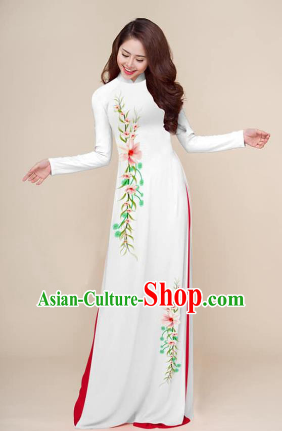 Traditional Vietnamese Hand Painting White Ao Dai Qipao Dress and Pants Asian Vietnam Classical Cheongsam Female Costumes