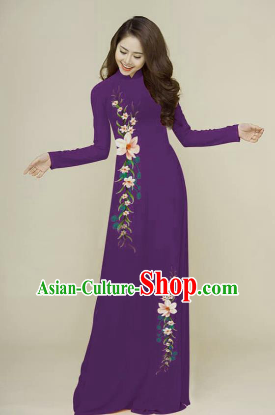 Traditional Vietnamese Hand Painting Purple Ao Dai Qipao Dress and Pants Asian Vietnam Classical Cheongsam Female Costumes