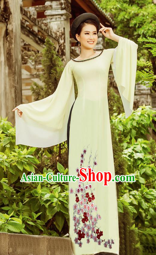 Traditional Vietnamese Hand Painting Plum Blossom Ao Dai Qipao Dress and Pants Asian Vietnam Classical Beige Cheongsam Costumes