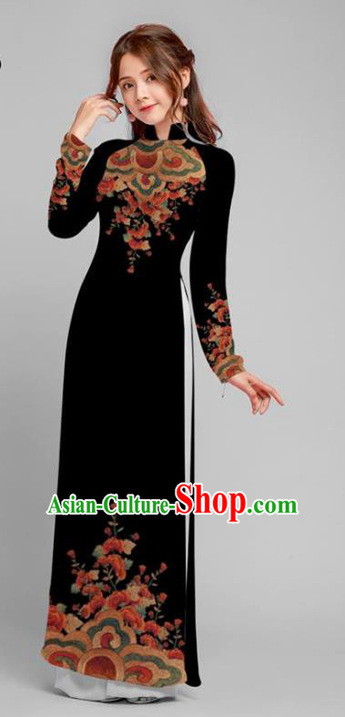 Traditional Vietnamese Clouds Pattern Ao Dai Qipao Dress and Pants Asian Vietnam Classical Court Black Cheongsam Costumes