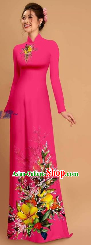 Traditional Vietnamese Bride Carmine Ao Dai Qipao Dress and Pants Asian Vietnam Classical Printing Flowers Cheongsam Costumes