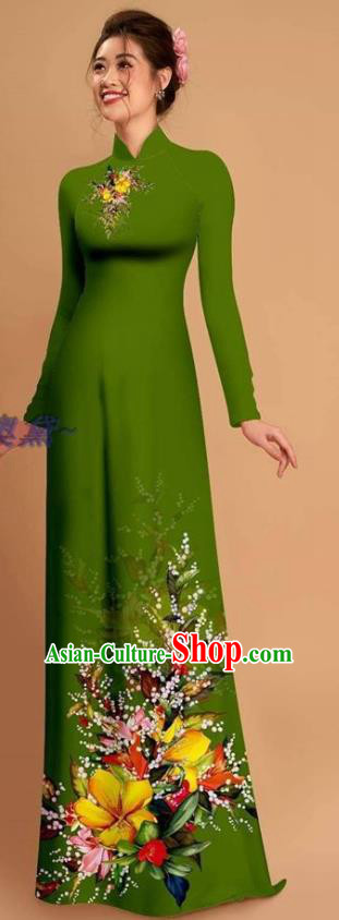 Traditional Vietnamese Bride Green Ao Dai Qipao Dress and Pants Asian Vietnam Classical Printing Flowers Cheongsam Costumes