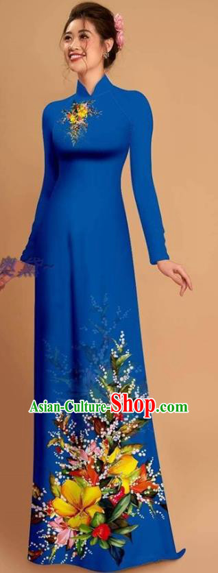 Traditional Vietnamese Bride Royalblue Ao Dai Qipao Dress and Pants Asian Vietnam Classical Printing Flowers Cheongsam Costumes