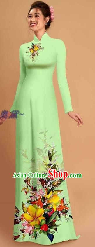 Traditional Vietnamese Bride Light Green Ao Dai Qipao Dress and Pants Asian Vietnam Classical Printing Flowers Cheongsam Costumes