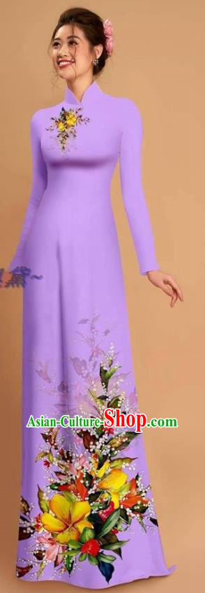 Traditional Vietnamese Bride Violet Ao Dai Qipao Dress and Pants Asian Vietnam Classical Printing Flowers Cheongsam Costumes