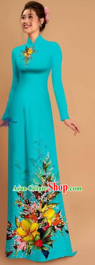 Traditional Vietnamese Bride Lake Blue Ao Dai Qipao Dress and Pants Asian Vietnam Classical Printing Flowers Cheongsam Costumes